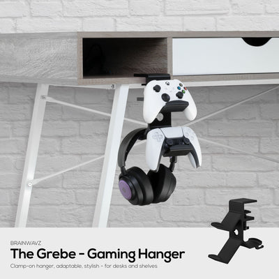 The Grebe - Headphone & Dual Game Controller Holder - Attaches to Side of Desk, Under Desk Headset Holder, Suitable for All Headphones & Gamepads